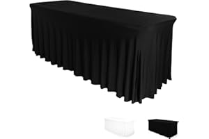 DESTINATION Table Skirt for Rectangular Tables 4ft - Spandex Table Covers for Standard 4 Foot Table - One Piece Fitted Elastic Tablecloth - Wrinkle Resistant Ruffles Design for Weddings, Party, Events (Black)