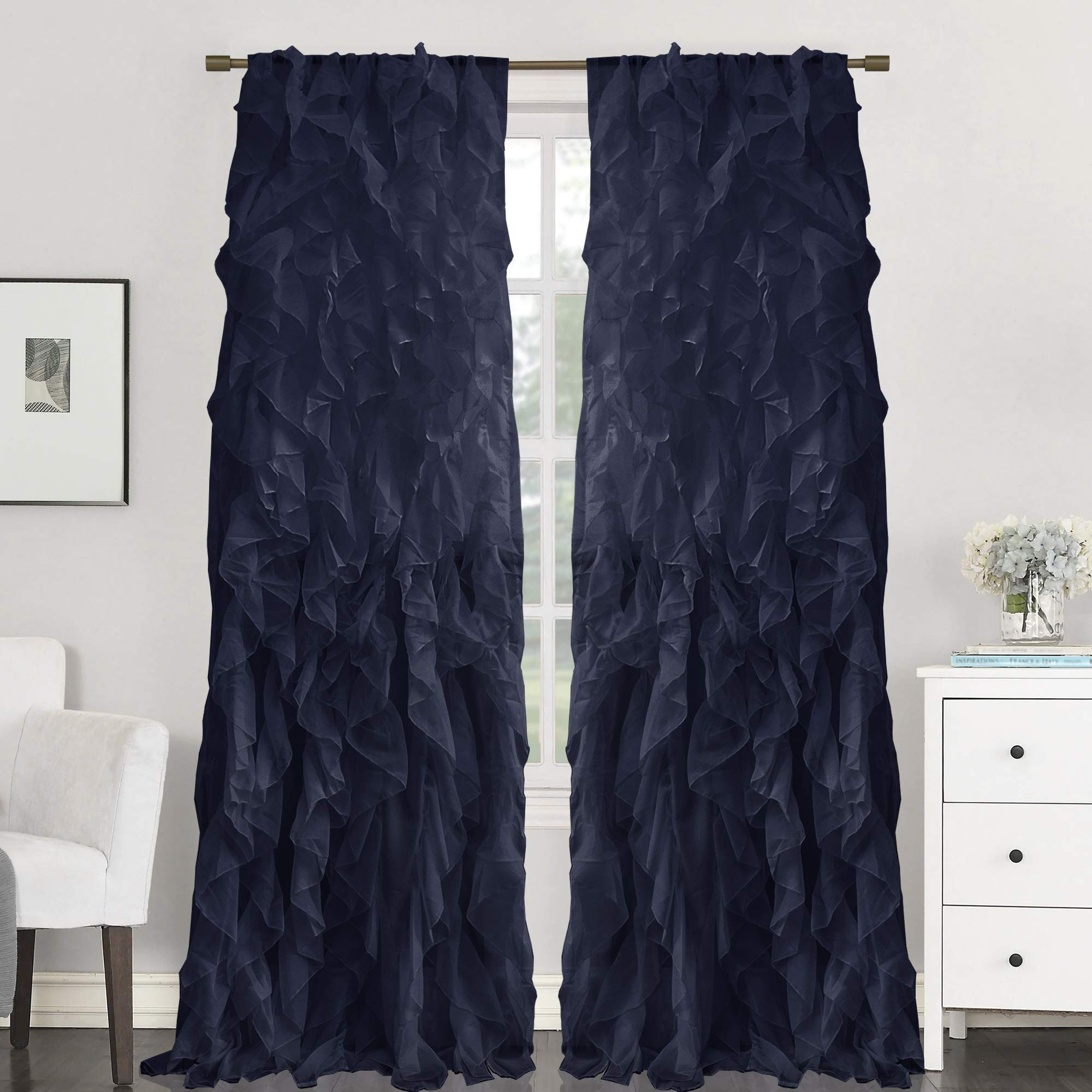 Sweet Home Collection Pair of Vertical Gathered Voile Curtains 84" x 50" Navy 96" x 50"