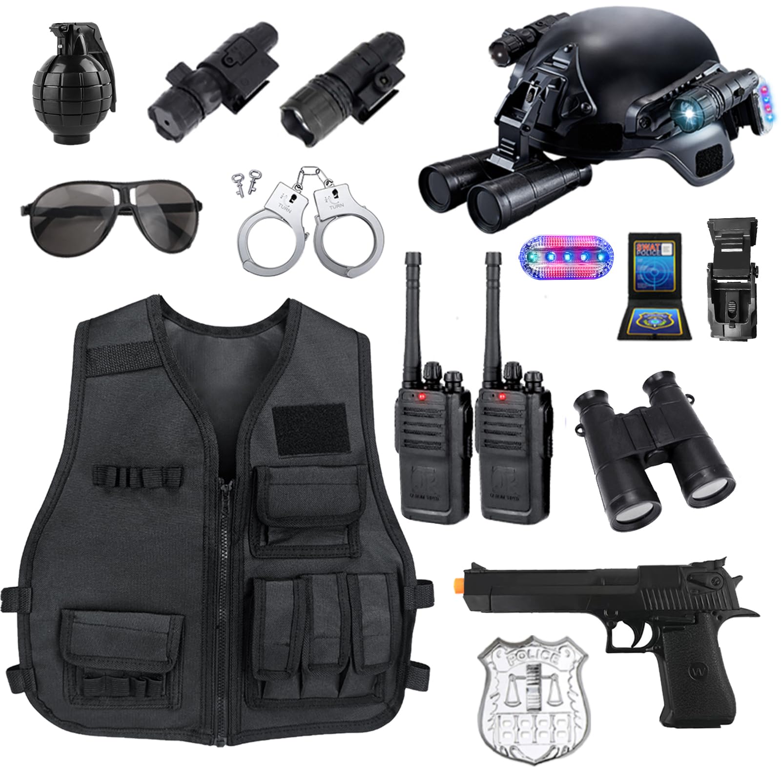 KalaDuck Police Costume Kids, 14PCS Police Accessories with SWAT Tactical Helmet, Vest, Toy Handcuffs and Toy Gun, Role Play Policeman Costume Game Set, Halloween Kids Dress Up for Boys Girls