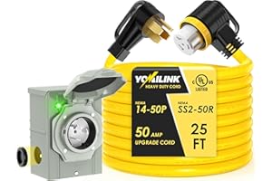 YOMILINK 50 Amp 25 Feet Generator Cord with Inlet Box Kit, Heavy Duty 6/3+8/1 AWG STW Wire, NEMA 14-50P to SS2-50R Twist Locking, Newly Designed 90 Degree Grip Handle for Generator to House