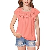 BesserBay Girls Summer Short Ruffle Sleeve Square Neck Casual Ribbed Top Loose Cute Tee Solid Trendy Blouse 5-14 Years