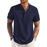COOFANDY Men's Casual Henley Shirt Short Sleeve Linen Shirt Summer T-Shirts | Breathable Linen like texture, moisture-wicking, band collar, roll-up sleeves; easy match, great for beach, vacation &amp; gifts