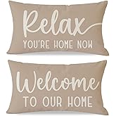 PANDICORN Decorative Throw Pillow Covers 12x20 Inch Set of 2 Cozy Relax Welcome to Our Home Beige Outdoor Farmhouse Neutral Lumbar Cushion Cases Decorations for Living Room Sofa Couch Decor