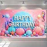 HOMETITUTE Happy Birthday Banner Under The Sea Theme with Dolphins Fish Sea Shells Coral Oceanic Decorations Birthday Banner Party Indoor and Outdoor Backdrop 71x43 Inch