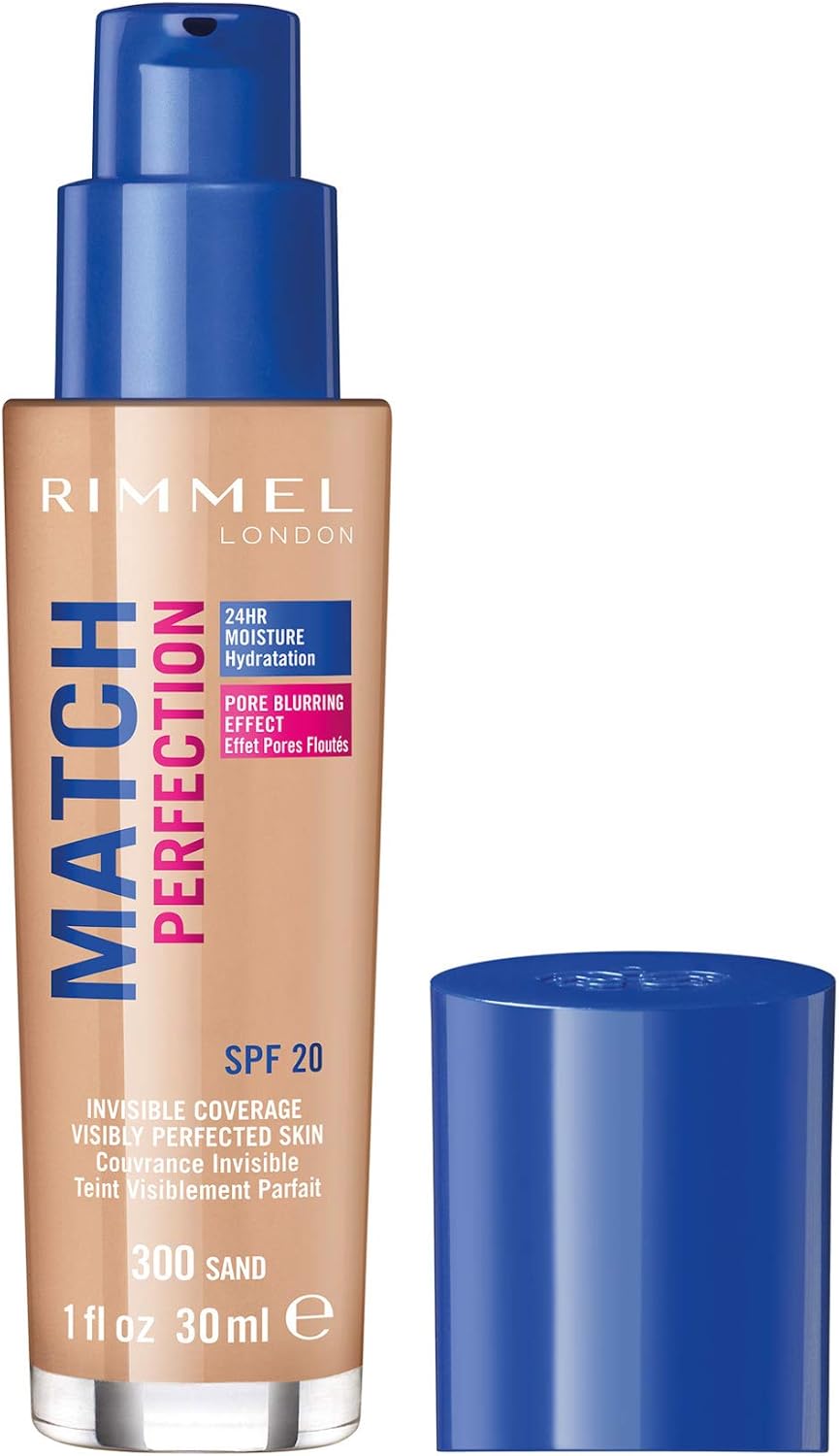 Rimmel Match Perfection Foundation 300 Sand, lMedium Coverage, 24hr Hydration, No Caking or Creasing, Lightweight