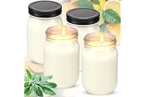 MTLEE 4 Pack 12 oz Mason Jar Soy Candle with Essential Oils Scented Soy Wax Candles for Home Valentine Wedding Birthday Gift Farmhouse Collection Baby Shower Party(Sage Mixed with Citrus)