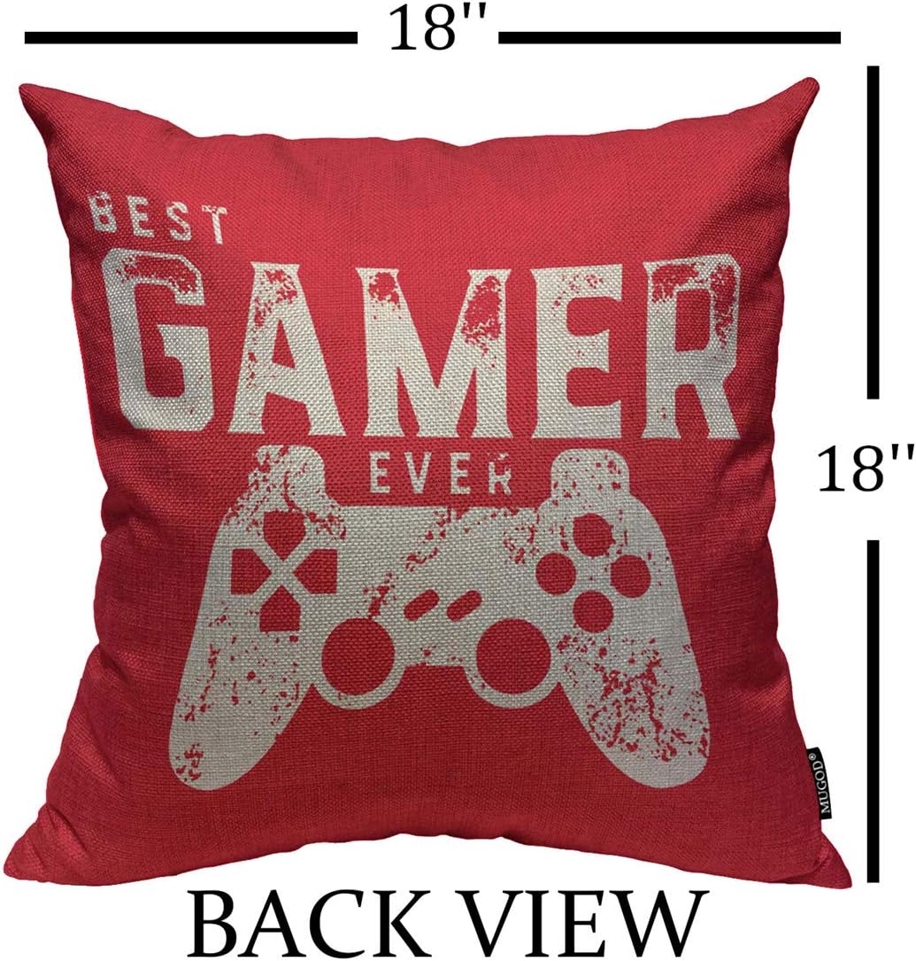 Mugod Throw Pillow Cover Best Gamer Ever for Video Games Geek Home Decorative Square Pillow Case for Men Women Boy Gilrs Bedroom Livingroom Cushion Cover 18x18 Inch Red White Pillowcase: Home & Kitchen