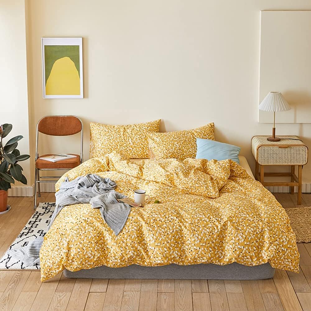 Garden Style Yellow Floral Duvet Cover King Chic Flower Print Bedding Set Super Soft 100% Cotton Comforter Cover Lightweight Floral Bedding Collection 1 Duvet Cover with 2 Pillowcases
