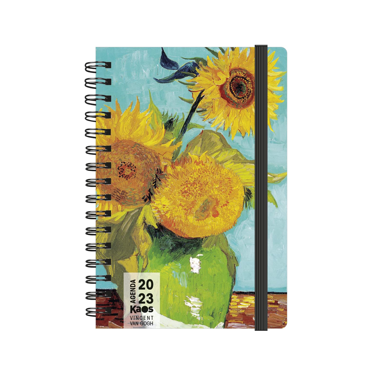 Kaos 2023 Spiral Daily Planner - 12 Months with Planner - Medium 12 x 18.6 cm - Home University - Cardboard Blanket, Flat Elastic Band, Bookmark - No PVC - Van Gogh Gonflowers