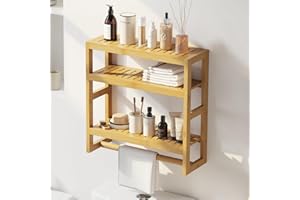 Furshus Bathroom Organizer Shelves 3 Tiers Floating Shelf with Hanging Bar Over The Toilet Storage Bathroom Wall Shelf-Adjustable Wall Bathroom Organizer (Natural)