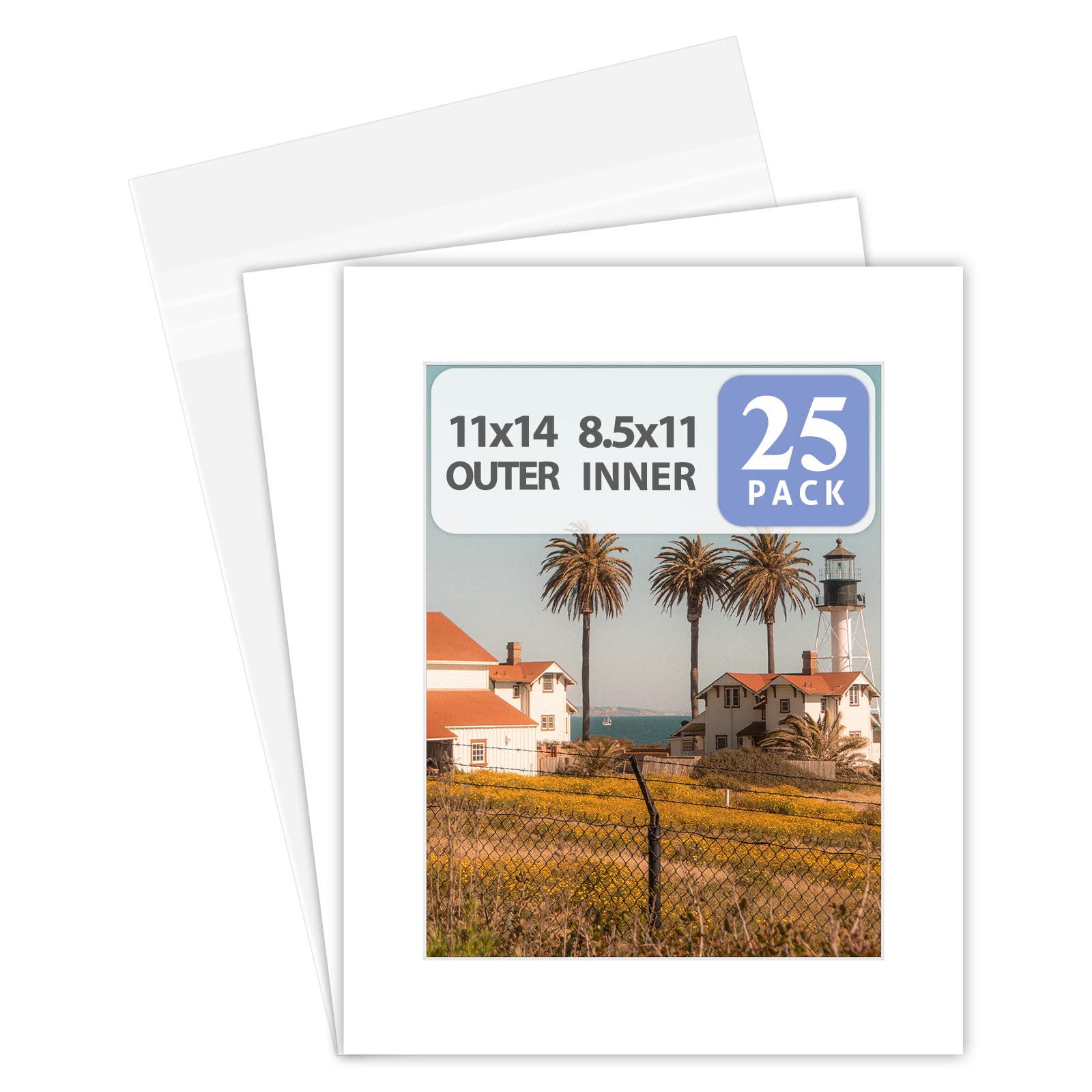 Golden State Art, Pack of 25, 11x14 White Picture Mat Full Set - Fit 8.5x11 Photo/Certificate - High Premier Acid Free Bevel Pre-Cut White Core Mattes - Includes 25 Backing Backer Board & Clear Bags