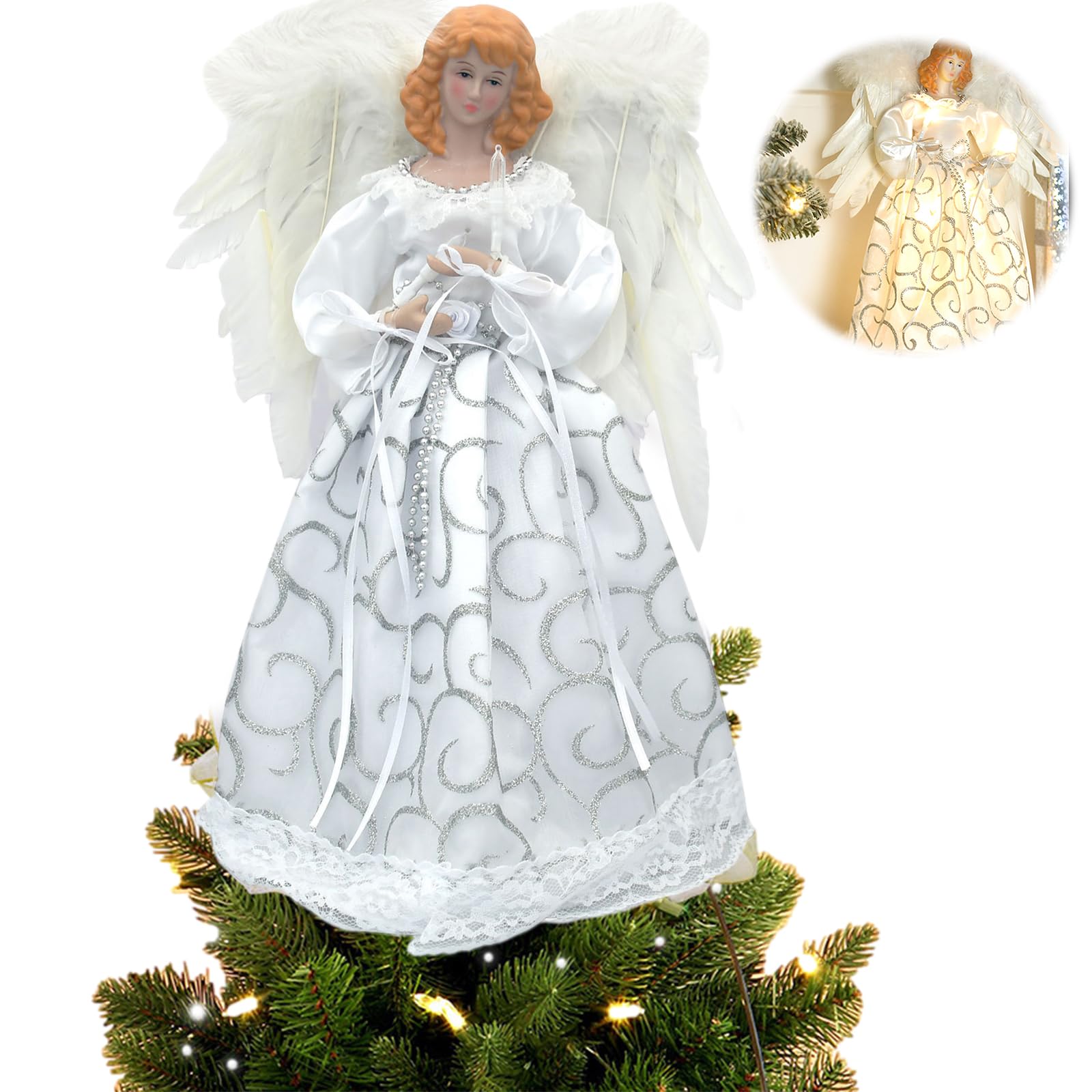 12.6In Angel Christmas Tree Topper, Christmas Tree Toppers Decorations Fabric Christmas Decorations Light Up Angel, Angel For Top Of Christmas Tree For Home Party Decorations (03)