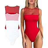 OQQ Women 2 Piece Bodysuit Mesh Ruched Sleeveless Turtle Neck Shapewear Body Suits One Piece Leotard Shirt Going Out Tops