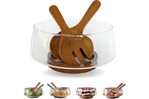 Large Glass Salad Bowl Set - Party Serving Bowl with Acacia Wood Base and Serving Utensils - Easy Clean - Elegant Serveware &
