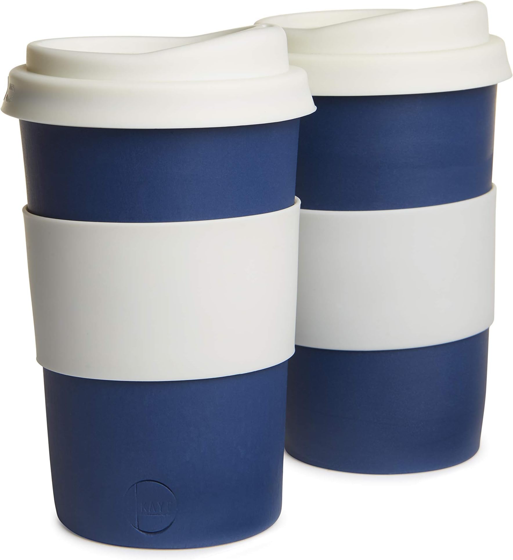 a pair of solid blue (with detail drip in white) handmade to-go/travel cups for home, car or coffee shop use. Silicone lid and cuff, porcelain body. dishwasher proof. 12-14 oz. (2 cups)
