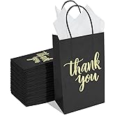 DjinnGlory 100 Pack Small Size Black Thank You Paper Gift Bags with Handles 9x5.5x3.15 Inch for Business Birthday Wedding Bridal Baby Shower Party Favors Goodies