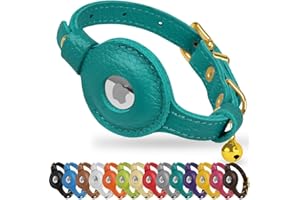OOPSDOGGY Leather AirTag Cat Collar with Bell - Non Breakaway Kitten Collar with Apple Air Tag Holder - Lightweight GPS Pet Collars for Girl Boy Cats, Small Dogs, Puppies (Aquamarine)