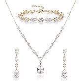 Crysdue Teardrop Bridal Jewelry Set for Wedding Party, Silver/14K/Rose Gold Plated Prom Costume Jewellery for Bride Bridesmaids Women, Cubic Zirconia Necklace Dangle Earrings Bracelet