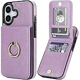 KIHUWEY for iPhone 17 Case Wallet with Credit Card Holder, 360° Rotation Ring PU Leather Magnetic Clasp Kickstand Heavy Duty Protective Cover for Women and Men 6.3 Inch (Purple)