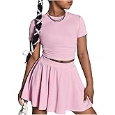 RoseSeek Girl's 2 Piece Skirt Set Ruched Ribbed Knit Shirt Short Sleeve Crop Top Skorts Mini Skirt Going Out Outfit