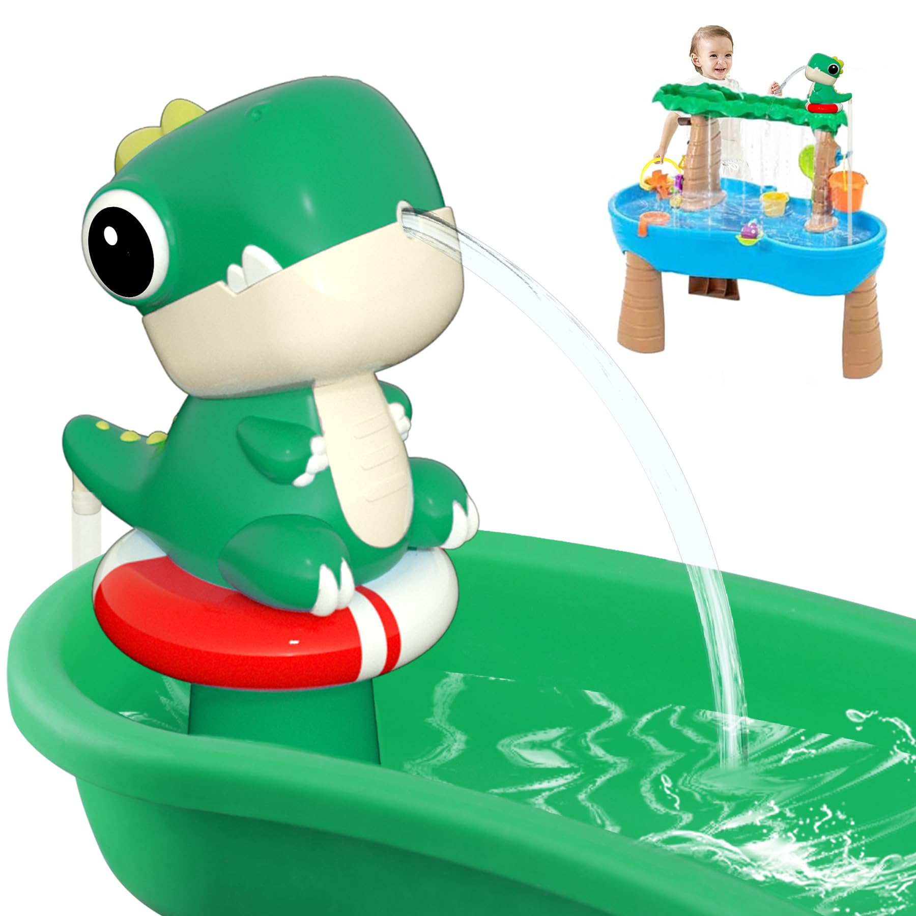 Photo 1 of Dinosaur Water Table Pump Continuous Flow - Rechargeable Water Pump for Water Table Accessories - Summer Outdoor Water Play Toys - Battery Powered Water Pump Outside (Green)