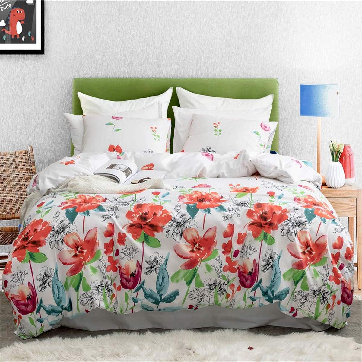 3D Colorful Floral Printed Pattern Duvet Cover with 2 Pillowcases Flower Bedding Set with Zipper Ties Soft Lightweight Microfiber Multi-Color Comforter Cover Queen Size 90" X 90"