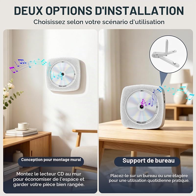Lecteur CD Portable Bluetooth pour Maison et extérieur, avec Haut-parleurs, Batterie Rechargeable 4000 mAh, Radio FM, Lecture USB, télécommande, Fixation Murale et Support de Bureau