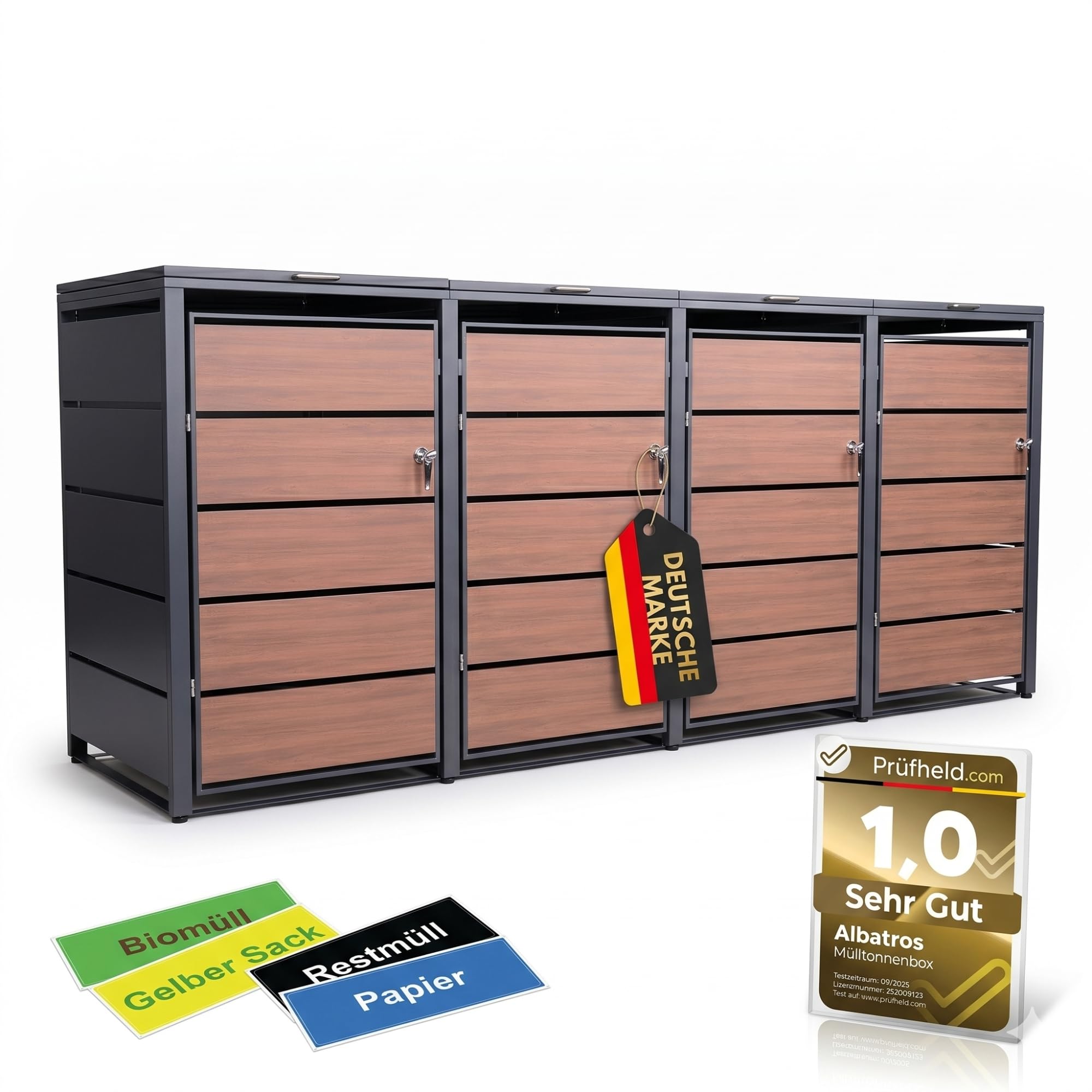 ALBATROS Mülltonnenbox 4er Holzdekor | Metall, 120-240L, abschließbar