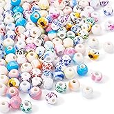 Craftdady 160pcs Porcelain Beads Round Handmade Printed Flower Loose Spacer Beads Cute Bracelet Beads Colorful Ball Beads 8-10 mm for DIY Craft Earring Necklace Jewelry Making