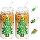 SUREPHON Christmas Gifts, 18oz Color Changing Christmas Glass Cups with Lids and Straw, Glass Tumbler Iced Coffee Drinks Cups for Holiday Party (2 Pack)