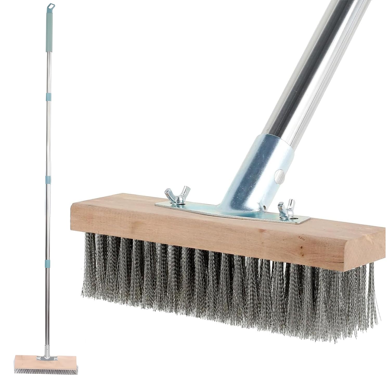 Wire Broom Deck Scrub Brush with 55" Long Handle, Outdoor Heavy Duty Bristle Brush, Stainless Steel Stiff Bristle Floor Scrubber for Cleaning Moss, Tough Stains on Concrete