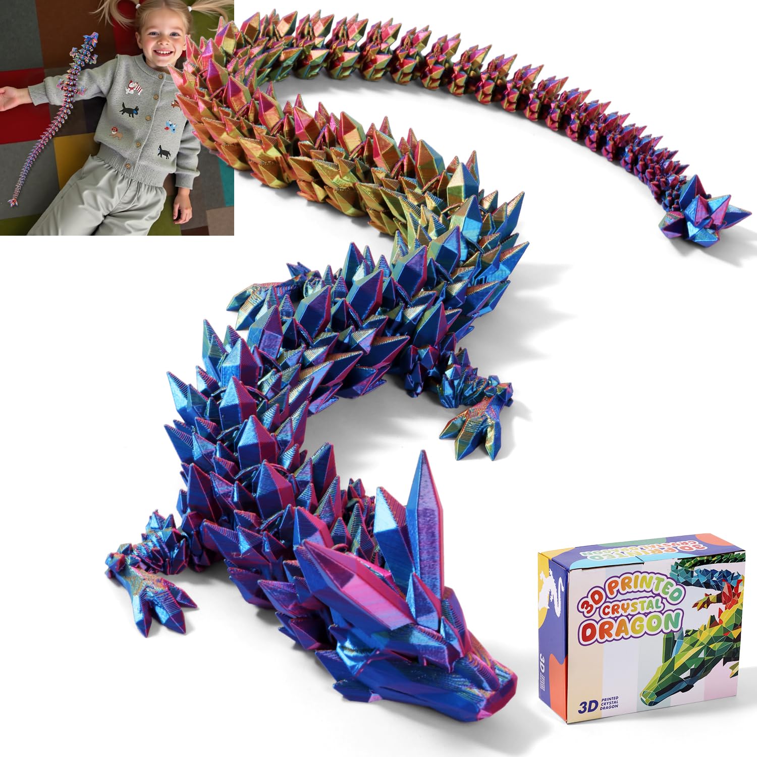 Photo 1 of 31.5 Large 3D Printed Dragon Bigger Fidget Animals Toys, Giant Flexible Articulated Fidget Toy, Huge 3D Printed Crystal Dragon Halloween Home Office Executive Desk Decor, Christmas 3D Print Toy