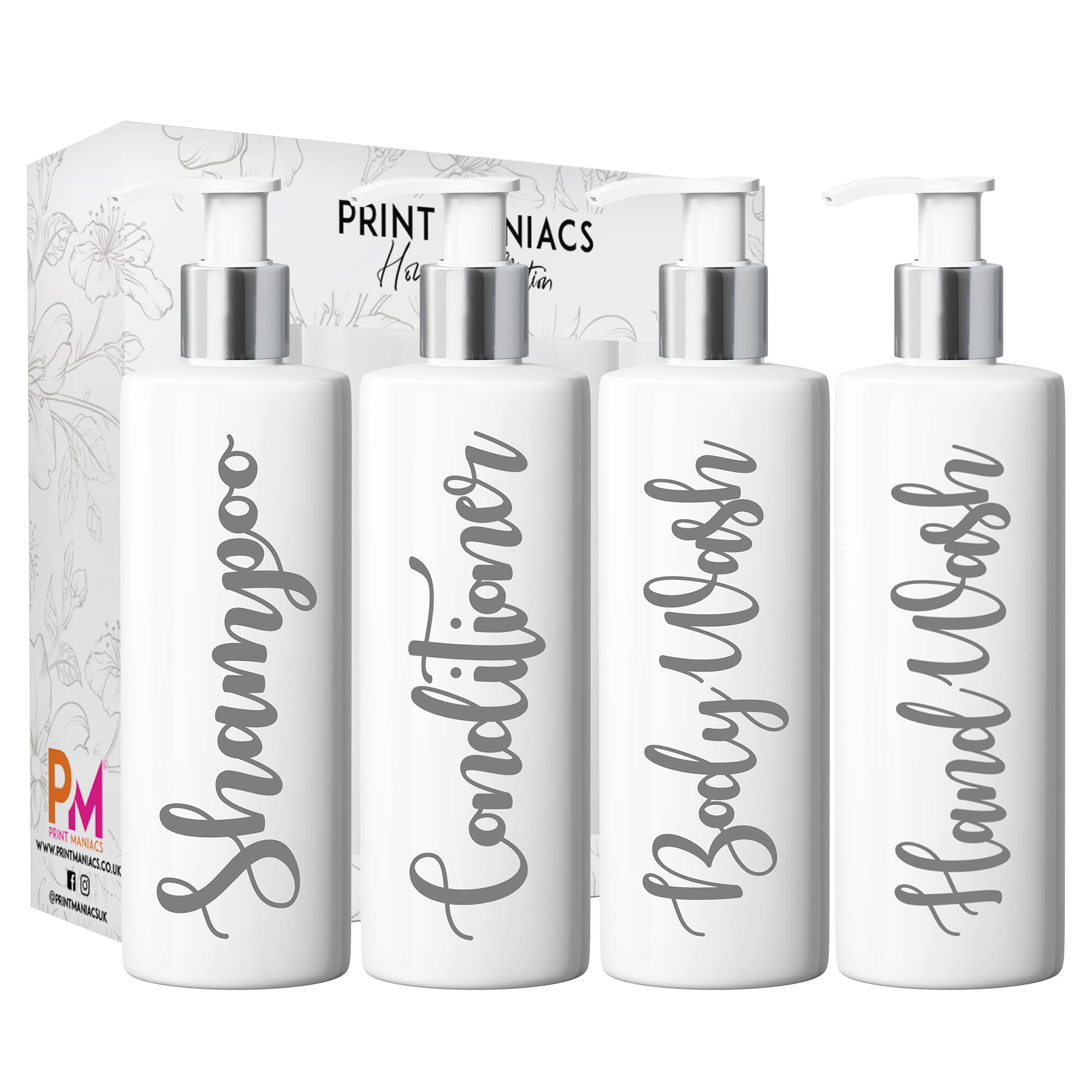 Print Maniacs Mrs Hinch Inspired White Personalised Pump Bottles Bathroom Kitchen Set Shampoo Conditioner (Grey)