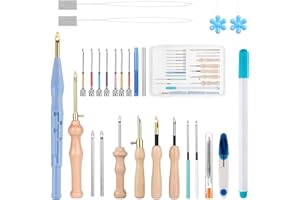 CHELOMENT 30Pcs Punch Needle Tool with 11 Different Size Needles,Adjustable Punch Needle Kits Adults Beginner,Wooden Handle Needle Punch Kit,Embroidery Needles,Punch Needle Set with Storage Box（Blue）