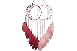 Holmgren Pink Red Moon Dream Catchers - Double Circular Moon Dream Catcher with Feathers for Little Girls Bedroom, Baby Nursery Wall Decor, Gift for Kids (Red and Pink)