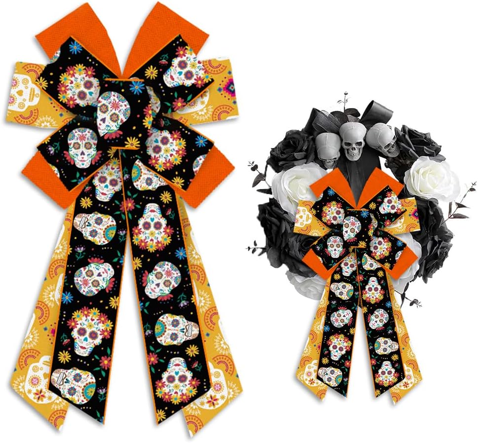 Bows & Ribbons - Hying Large Day of the Dead Bows for Wreath, Dia de Los Muertos Wreath Bow for Mexican Party Décor Halloween Sugar Skull Bow for Front Door Indoor Outdoor Wall Tree Topper Decoration Supplies Ornament