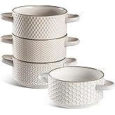 Gooditour Ceramic Soup Bowls Set - 27 Oz French Onion Soup Crocks with Handles - Embossed Stoneware Bowls for Soup Cereal Bee