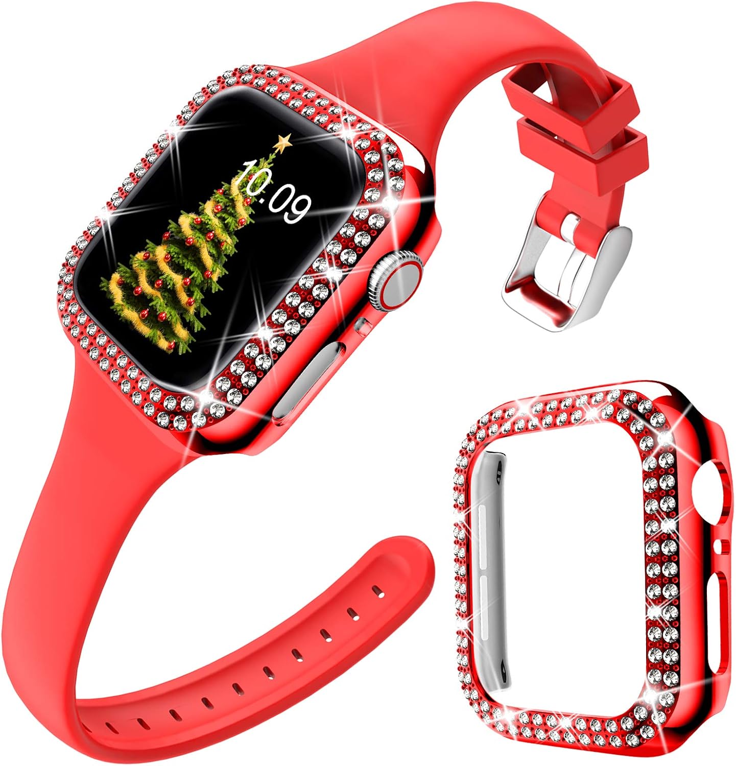 DABAOZA Compatible for Apple Watch Band 38mm with Case, Christmas Soft Silicone Band Thin Strap with Bling Dressy Crystal Cover Protective Diamonds Bumper Frame for iWatch Series 3/2/1. (Red, 38mm)