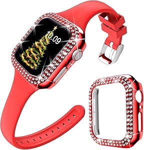 DABAOZA Compatible for Apple Watch Band 38mm with Case, Christmas Soft Silicone Band Thin Strap with Bling Dressy Crystal Cover Protective Diamonds Bumper Frame for iWatch Series 3/2/1. (Red, 38mm)