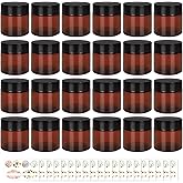 24 Pack 60 g/2 oz Amber Round Glass Jars - Empty Cosmetic Containers with Inner Liners, black Lids and Glass Sample Jars with