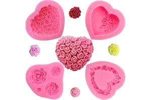 JJZXWISH 4 Pcs 3D Rose Flower Silicone Molds Valentine's Day Fondant Molds Wedding Fondant Cake Molds Heart Candy Silicone Molds Chocolate Mould for Cake Topper Polymer Clay Soap Wax Making Party Supplies