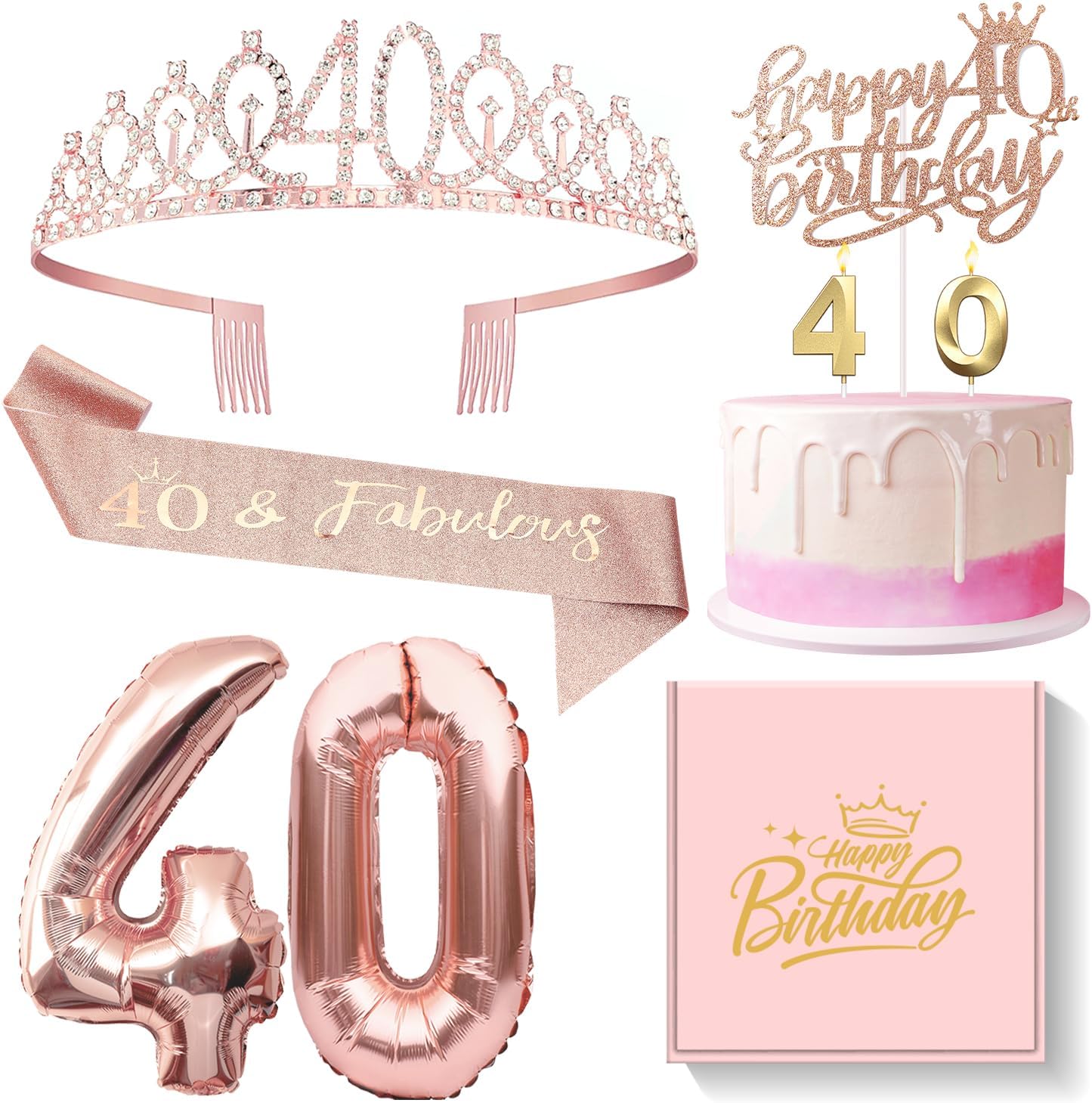 Candles & Holders - 40th Birthday Gifts Decorations for Women - 40 Birthday Cake Topper, Balloons, Queen Sash, Crown and Candle Set, Rose Gold