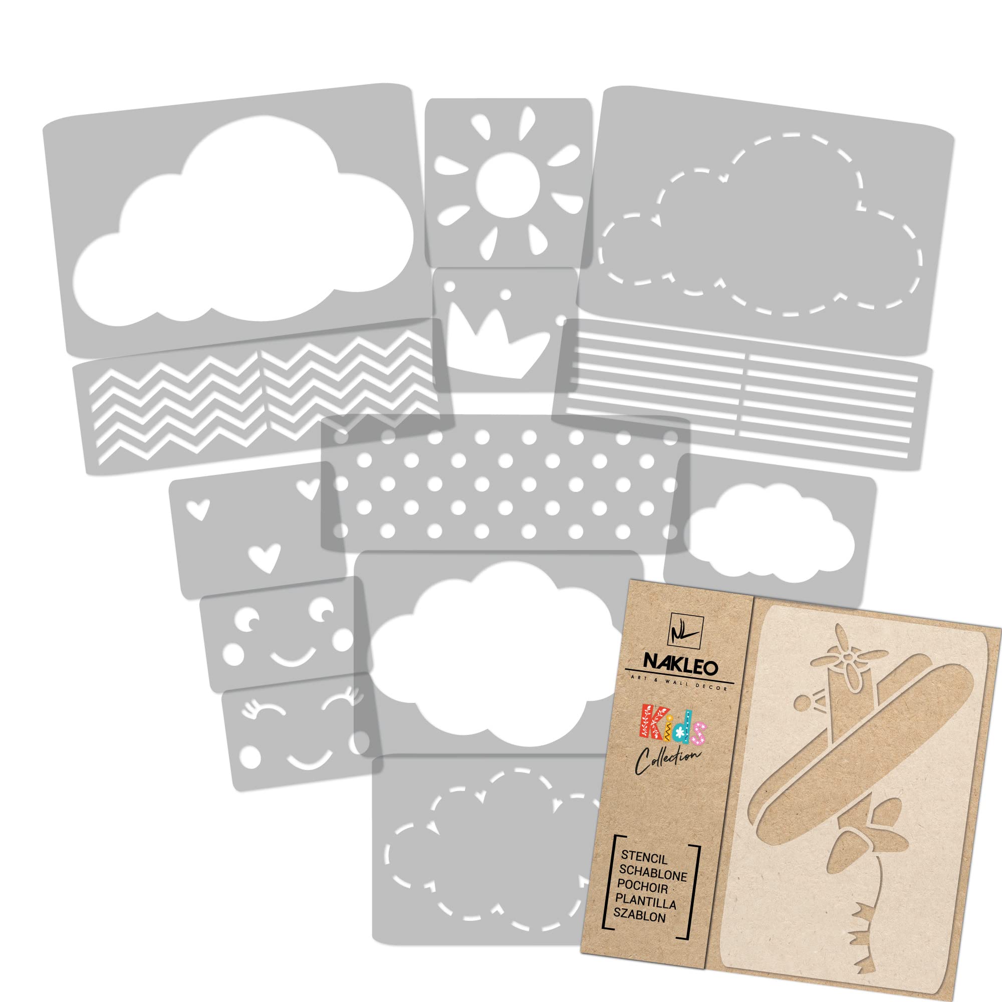 NAKLEO Painting Stencils Set for Kids, 14 Pcs Templates 9x12 to 23x34cm Cloud Sky, Plastic and Reusable Drawing Stencils, Children Room Decor, Craft DIY Wall Furniture