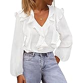 MEROKEETY Women's Fall Long Sleeve Ruffle Blouse Dressy Casual Top V Neck Trendy Business Work Shirts 2025