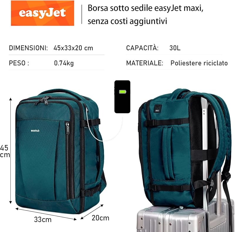 Zaino EasyJet 45x36x20 cm, Bagaglio a Mano 30L, 13 Tasche, Leggero