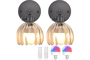 Shenmoyl Vintage Battery Operated Wall Sconce with Amber Tulip Glass Lampshade Rechargeable Battery Powered Black Wall Light 