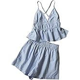 SOLY HUX Women's 2 Piece Summer Vacation Outfits Striped Ruffle Hem Cami Tops and Shorts Set Blue Striped Small
