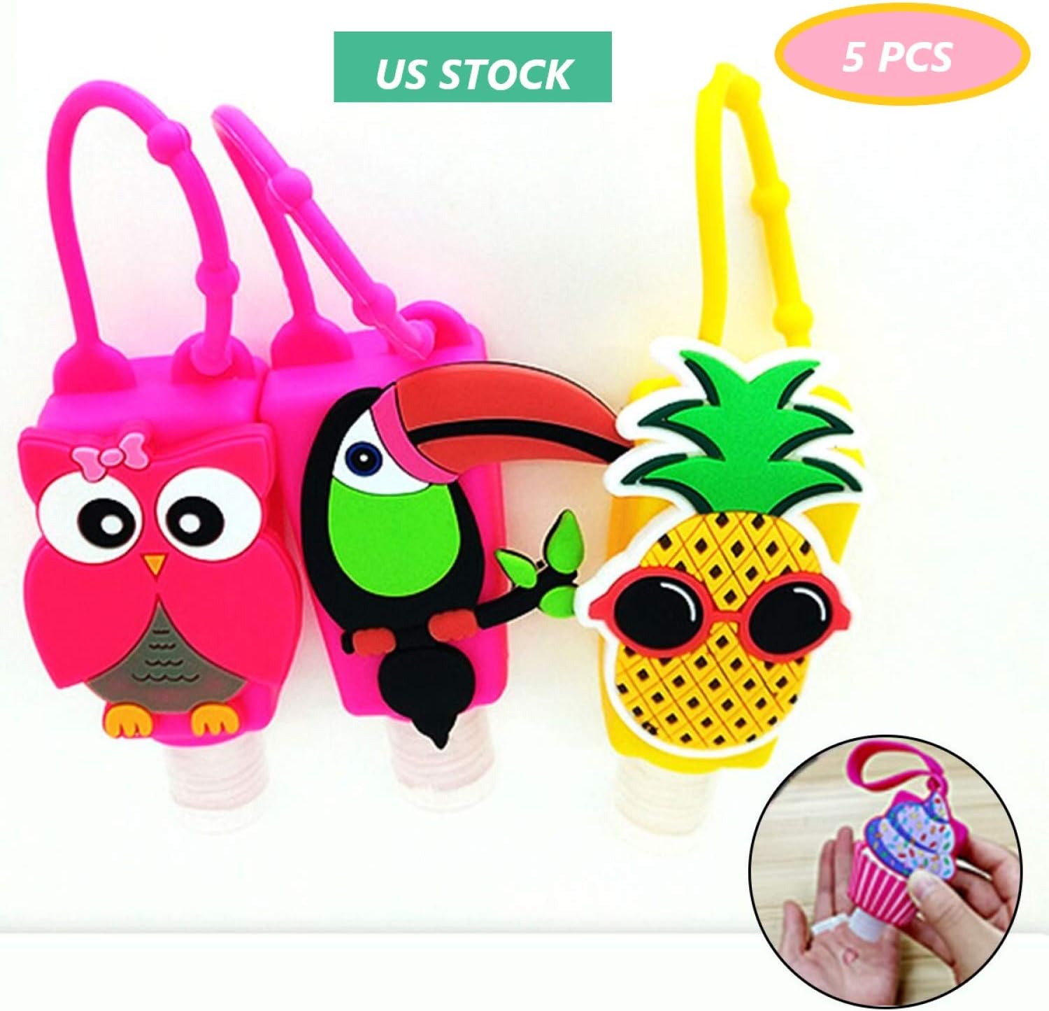 5Pcs Portable Hand Sanitizer Bottle Holder, Cute Cartoon Kids Silicone Plastic Protective Liquid Soap Containers, Mini 30ml Travel Leak Proof Detachable Keychain Refillable Bottles(Random Patterns)