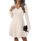 AUTOMET Womens Sweater Dresses Winter Long Sleeve Fall Fashion 2026 V Neck A-Line Flowy Mini Casual Dress Comfy Work Clothes