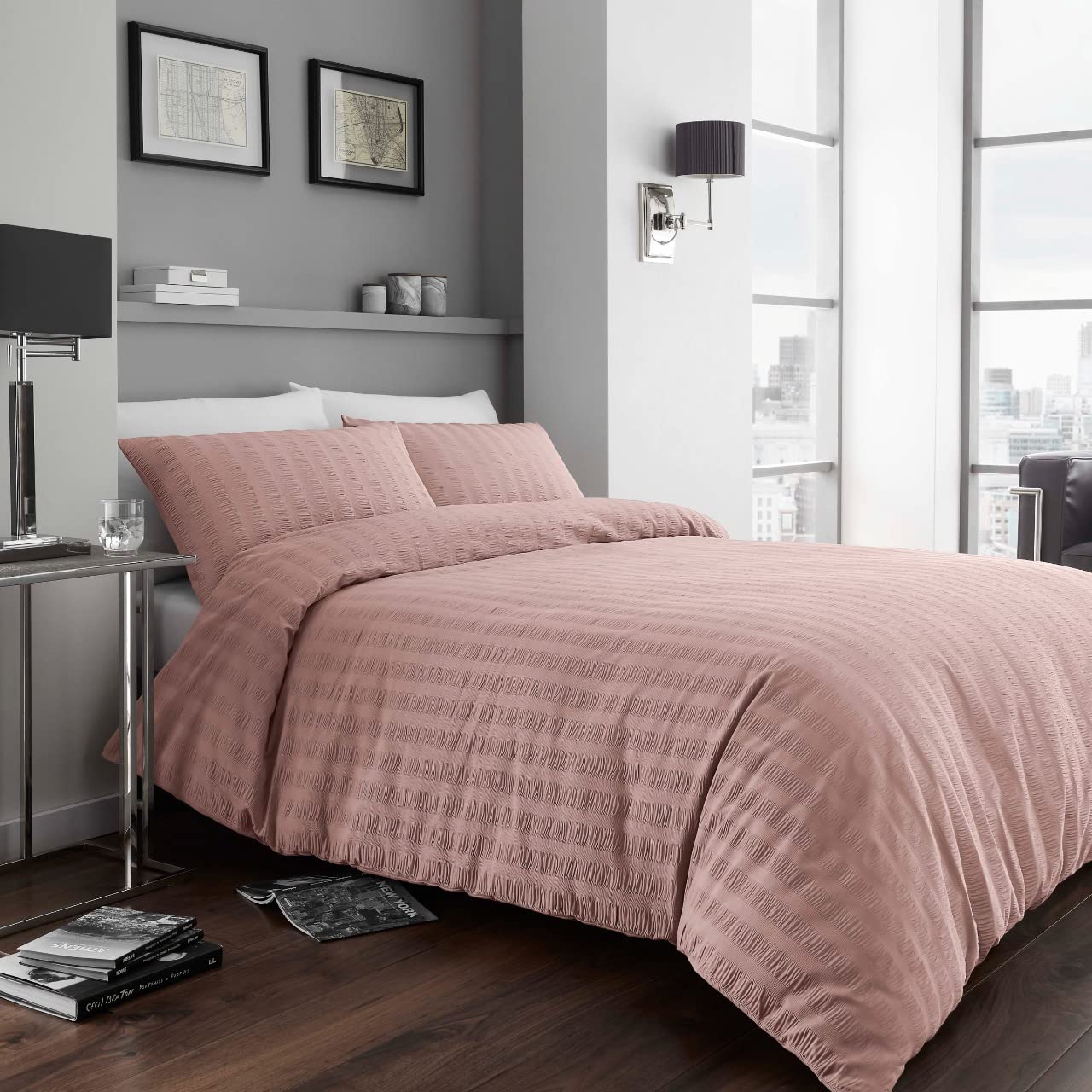 GC GAVENO CAVAILIA Luxury Stripe Duvet Cover Quilt Set, Easy Care Super Soft Textured Seer Sucker Bedding, King, Blush Pink-Polycotton